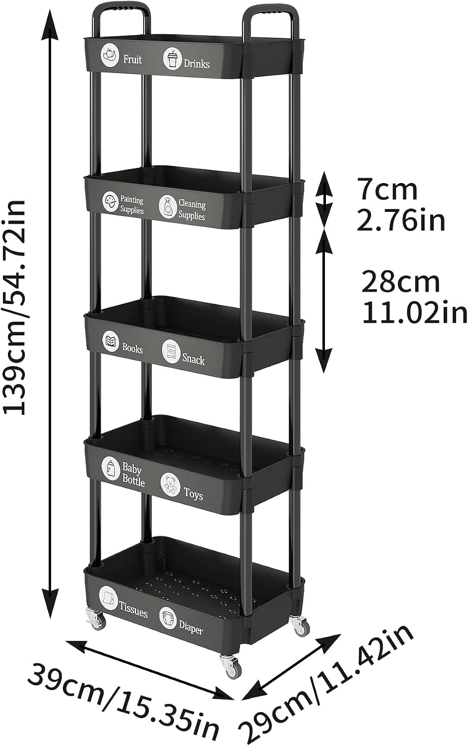 Laiensia 3-Tier Rolling Cart with Wheels,Multifunction Utility Storage Carts, Kitchen Storage Organizer,Mobile Shelving Unit for Bathroom,Laundry,with Classified Stickers,White