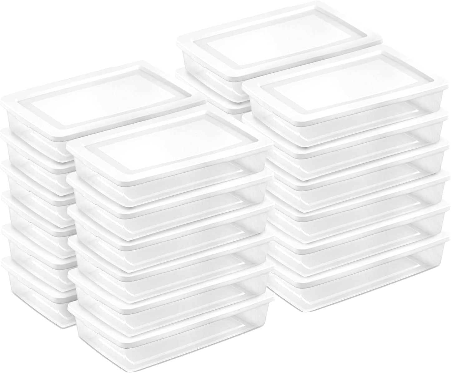 Sterilite 6 Pack Storage Box, 41 Quart Stackable Tote, Clear Plastic Container with Secure Snapping White Lids for Home and Office Organization