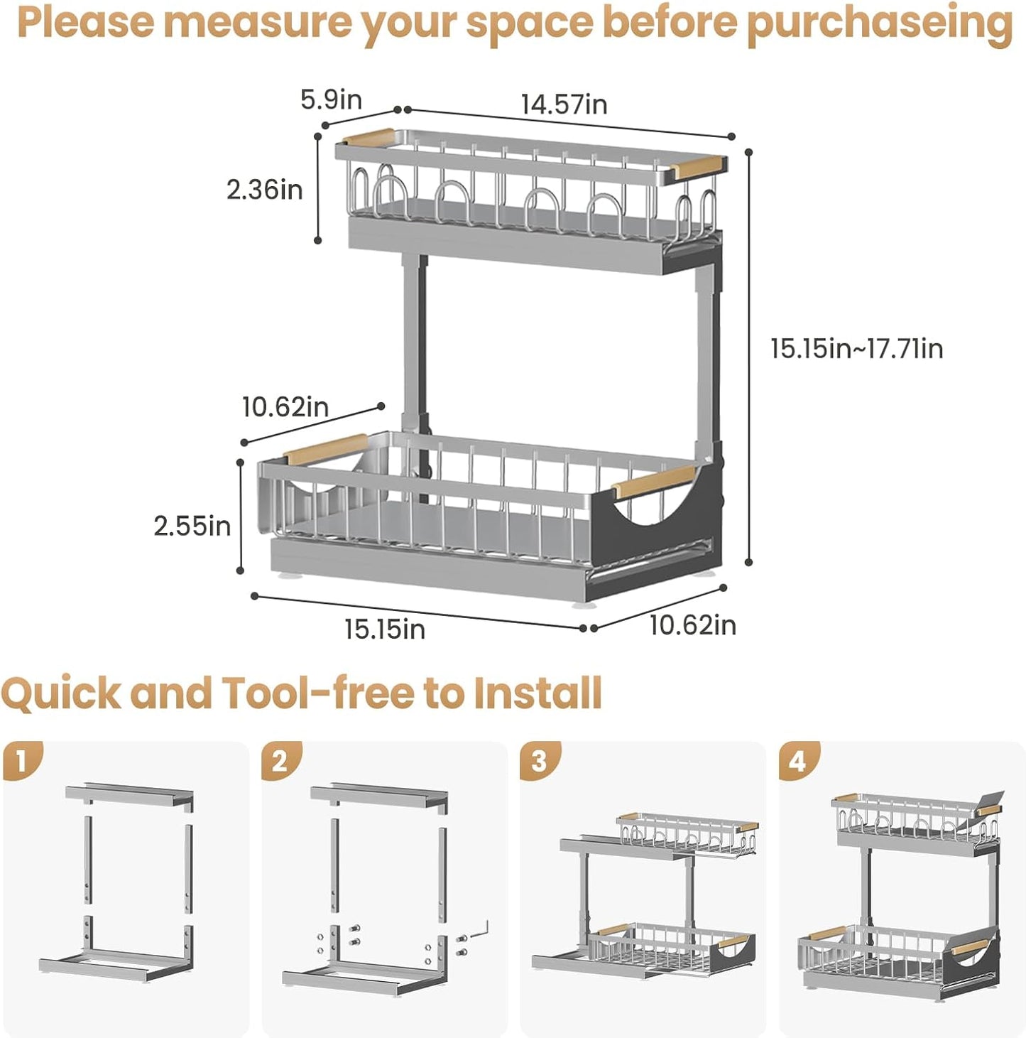 Under Sink Organizer and Storage for Bathroom and Kitchen - 2 Pack 3 Tier Under Cabinet Pull Out Shelf Organizers - Slide Out Drawer Organization for Home Cabinets Shelves and Drawers