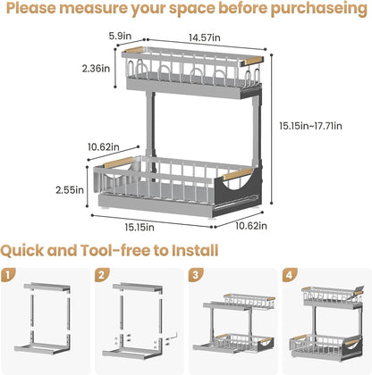 Under Sink Organizer and Storage for Bathroom and Kitchen - 2 Pack 3 Tier Under Cabinet Pull Out Shelf Organizers - Slide Out Drawer Organization for Home Cabinets Shelves and Drawers