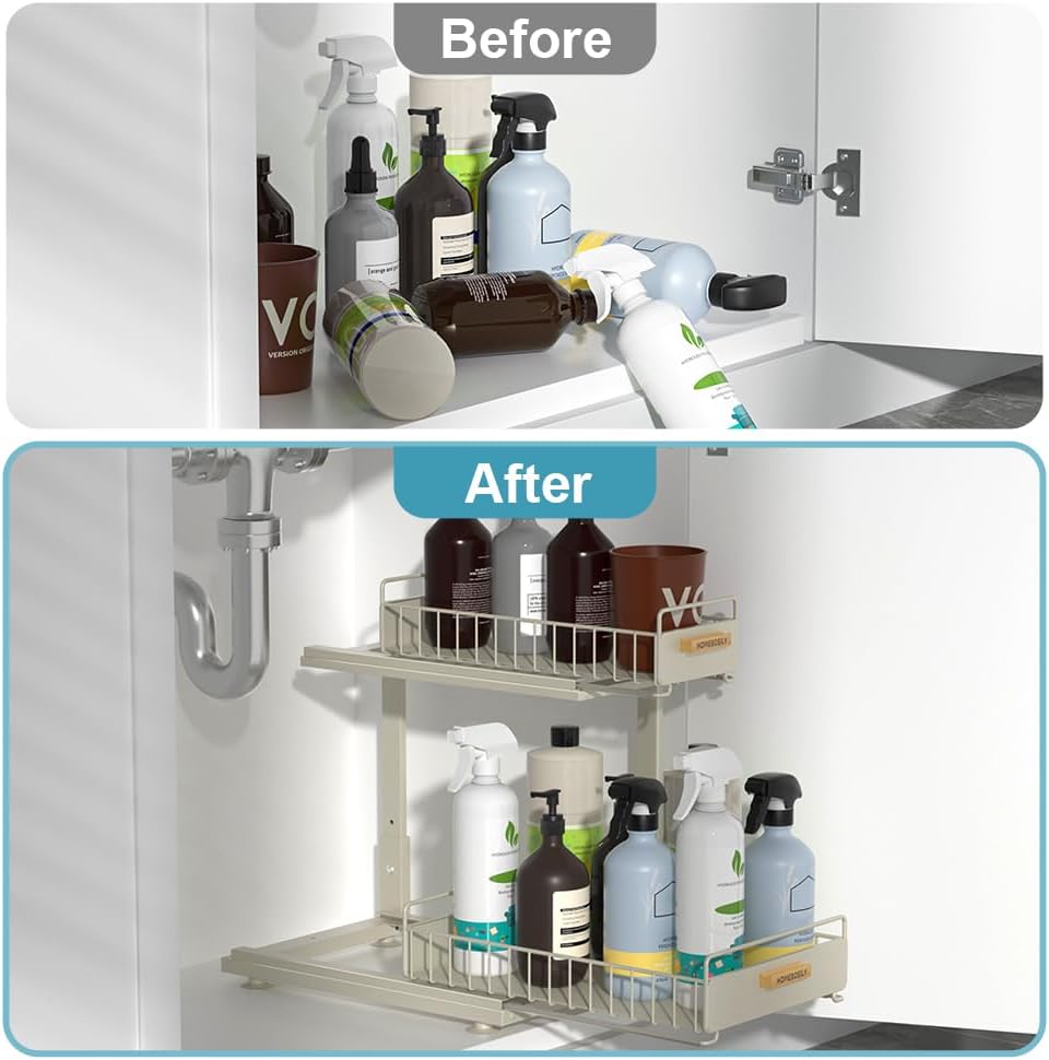 Under Sink Organizer Kitchen - Upgraded Professional Rails, 2 Tier Dual Pull Out Cabinet Storage, Height Adjustable Under Sink Storage, Metal Sliding Drawer for Kitchen & Bathroom, White, 2 Pack