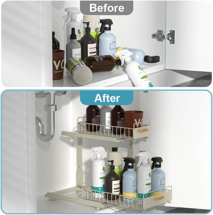 Under Sink Organizer Kitchen - Upgraded Professional Rails, 2 Tier Dual Pull Out Cabinet Storage, Height Adjustable Under Sink Storage, Metal Sliding Drawer for Kitchen & Bathroom, White, 2 Pack