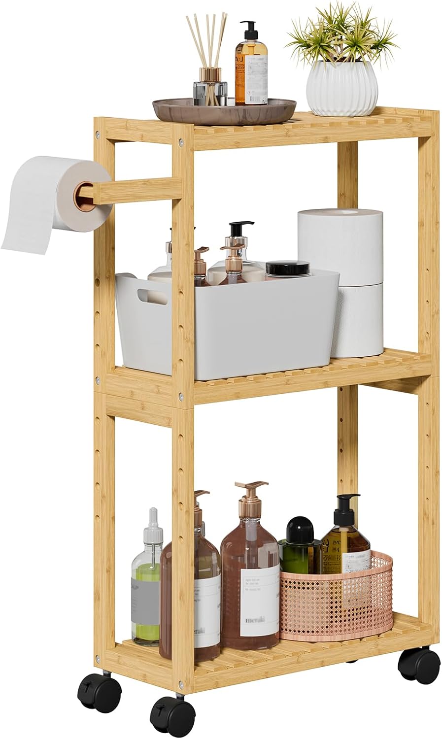 RRX Toilet Paper Holder with 3 Tier,16.14''Dx7.08''Wx28.35''H (Beige) | Small Bathroom Rolling Bamboo Mobile Storage Corner Shelf Cabinet for Narrow Spaces, Freestanding Slim Kitchen Organizer