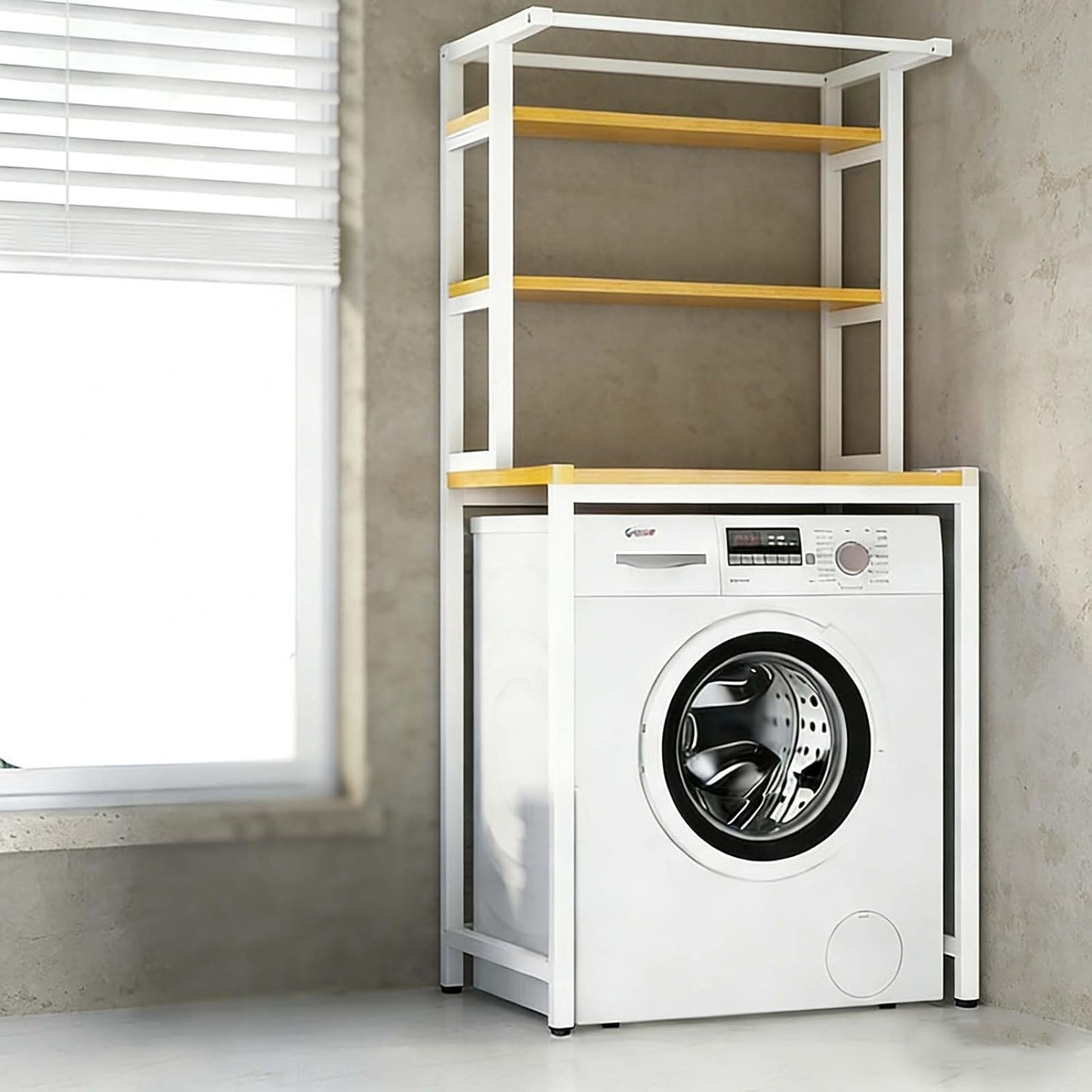 Over The Washer Storage Shelf, Space-Saving Laundry Organizer, Sturdy Metal Frame with Natural Wood Shelves, No Drilling, Ideal for Laundry Room, Balcony, Bathroom(White,Two Layers)