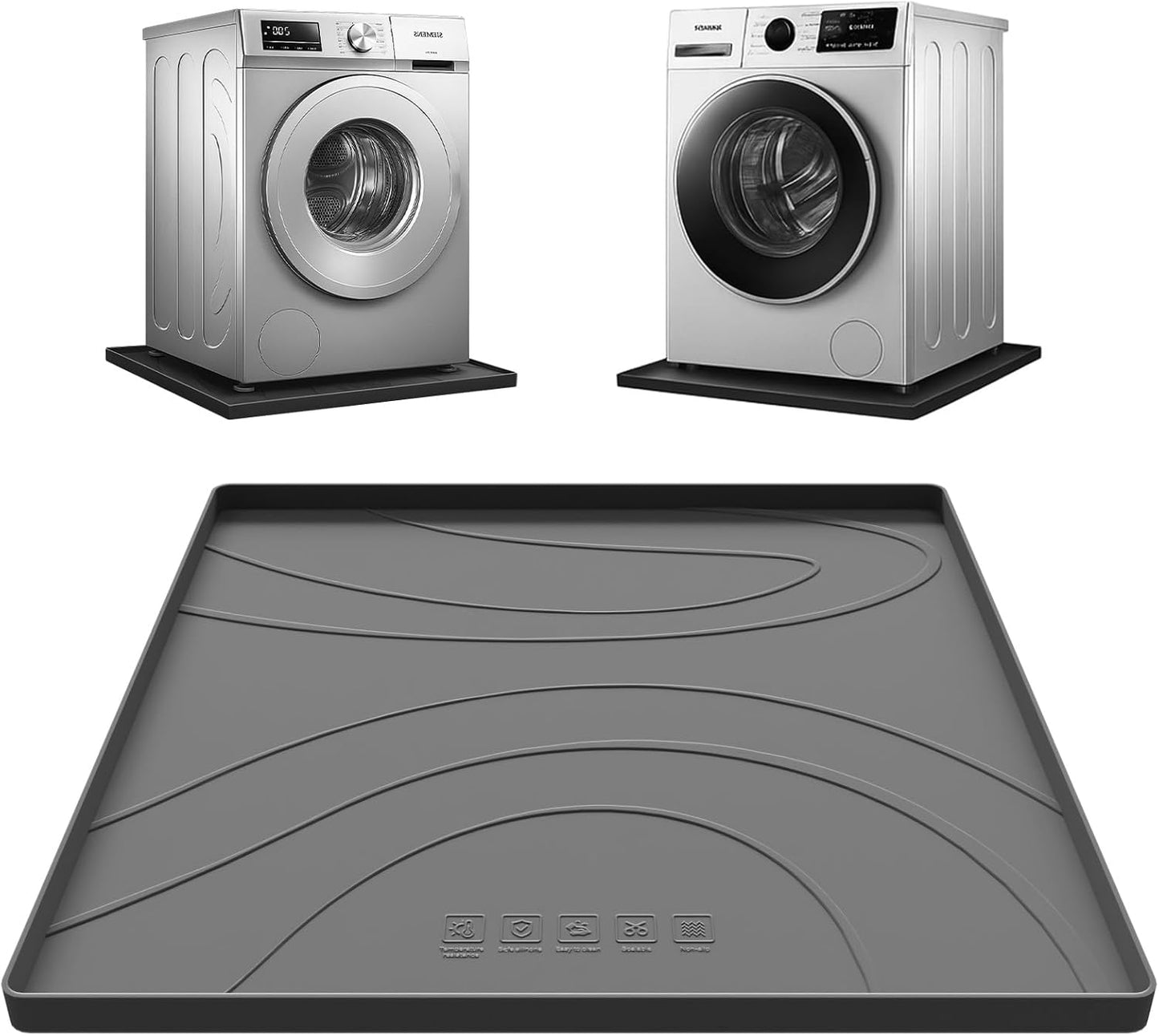 Washing Machine Drain Pan Silicone Mat,Extra Thick 33x30inch Non-Slip Waterproof Washer Tray,Raised Edge Drip Mat for Under Dryer or Washer,Anti-Vibration,Floor Leak Protector for Laundry Room