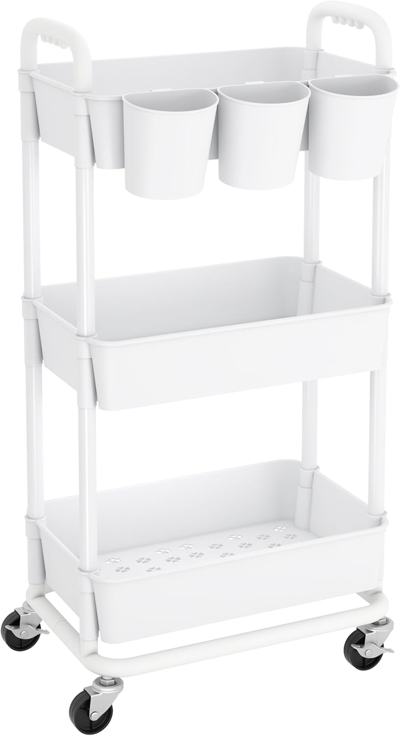 JIUYOTREE 4-Tier Plastic Rolling Storage Cart Utility Cart with Extra Hanging Cups Handles Lockable Wheels for Living Room Bathroom Kitchen Office White