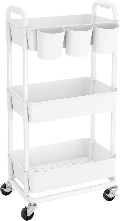 JIUYOTREE 4-Tier Plastic Rolling Storage Cart Utility Cart with Extra Hanging Cups Handles Lockable Wheels for Living Room Bathroom Kitchen Office White
