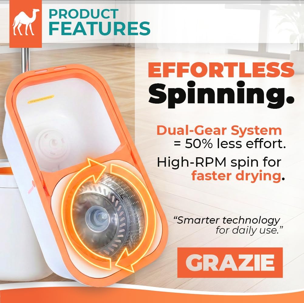 Grazie Spin Mop & Bucket Set - 360° Self-Wringing System with Wheels, Stainless Steel Handle - Hands-Free Floor Cleaning for Hardwood, Tile, Laminate - Includes 4 Washable Microfiber Mop Head Refills