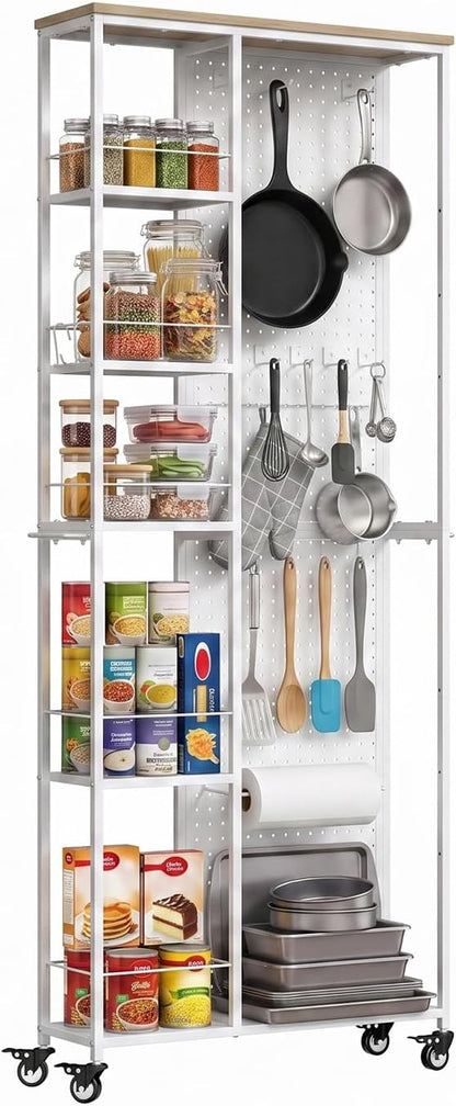 Slim Rolling Storage Cart, 8.3 Inch Narrow Storage Cart with Wheels, Pegboard & 5 Tier Shelves, Mobile Slim Storage Rack Next to Fridge for Kitchen, Laundry, White