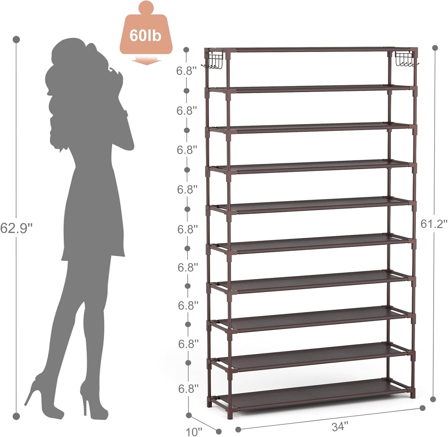 LANTEFUL 10 Tiers Shoe Rack 50 Pairs Large Capacity Tall Shoe Organizer Sturdy Shoe Storage with Two Hooks Space Saving Metal Wide Shoe Rack for Closet, Entryway, Bedroom, Black