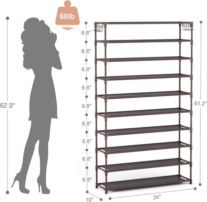 LANTEFUL 10 Tiers Shoe Rack 50 Pairs Large Capacity Tall Shoe Organizer Sturdy Shoe Storage with Two Hooks Space Saving Metal Wide Shoe Rack for Closet, Entryway, Bedroom, Black