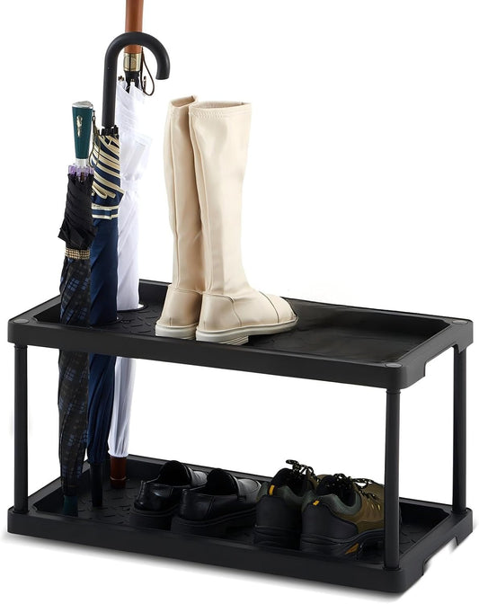 Cinnvoice 2 Tier Boot Shoe Organizer Rack with Umbrella Holder Plastic Waterproof Shoe Mat for Entryway Indoor Outdoor, 28 x 14.5 x 14.5 Inches