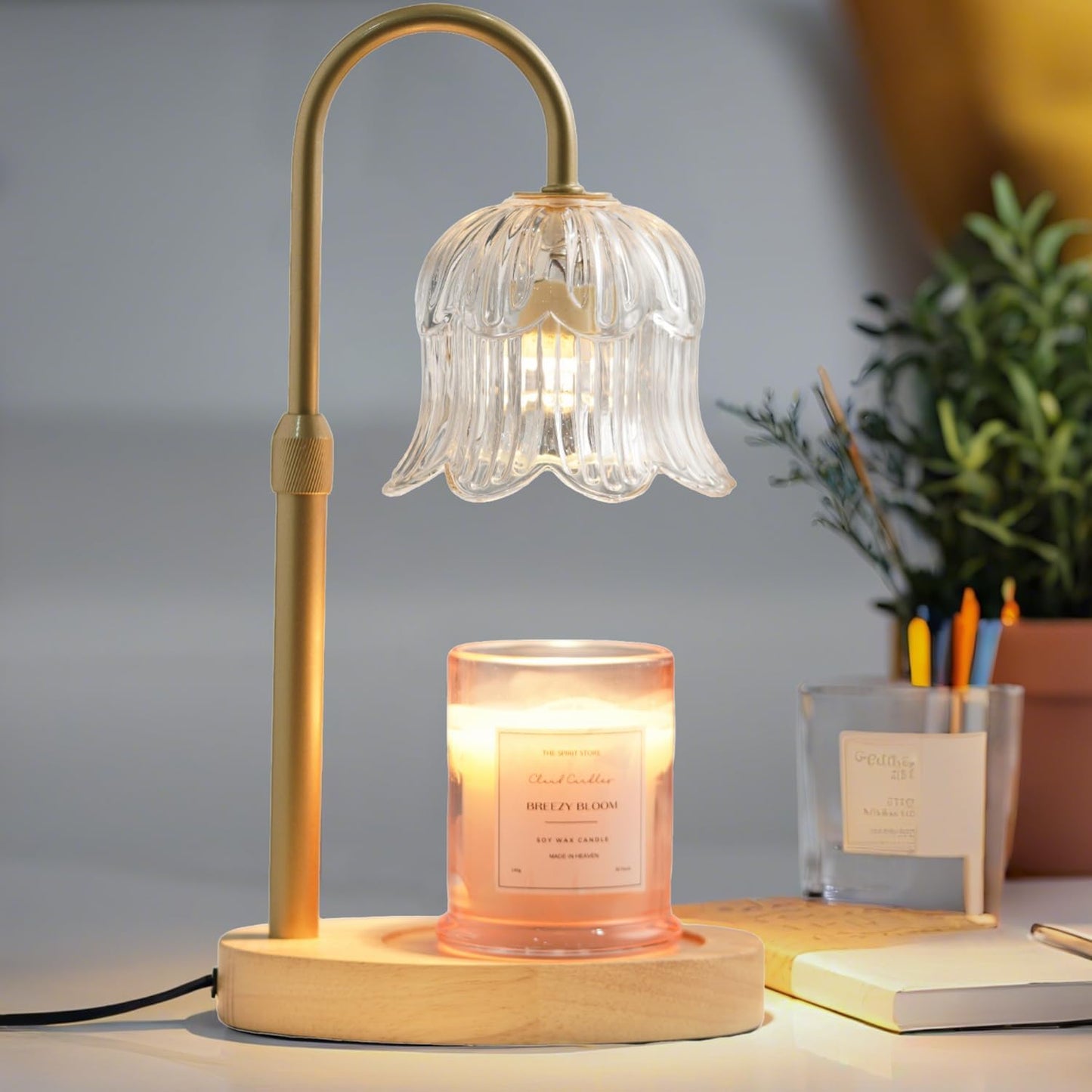 CRMILL Candle Warmer Lamp with Timer: Adjustable Dimmable Height Adjustable Warming - Flower Shape Wax Lamp Jar Candles No Flame Modern Home Decor Table Lights - Home Living Bedroom