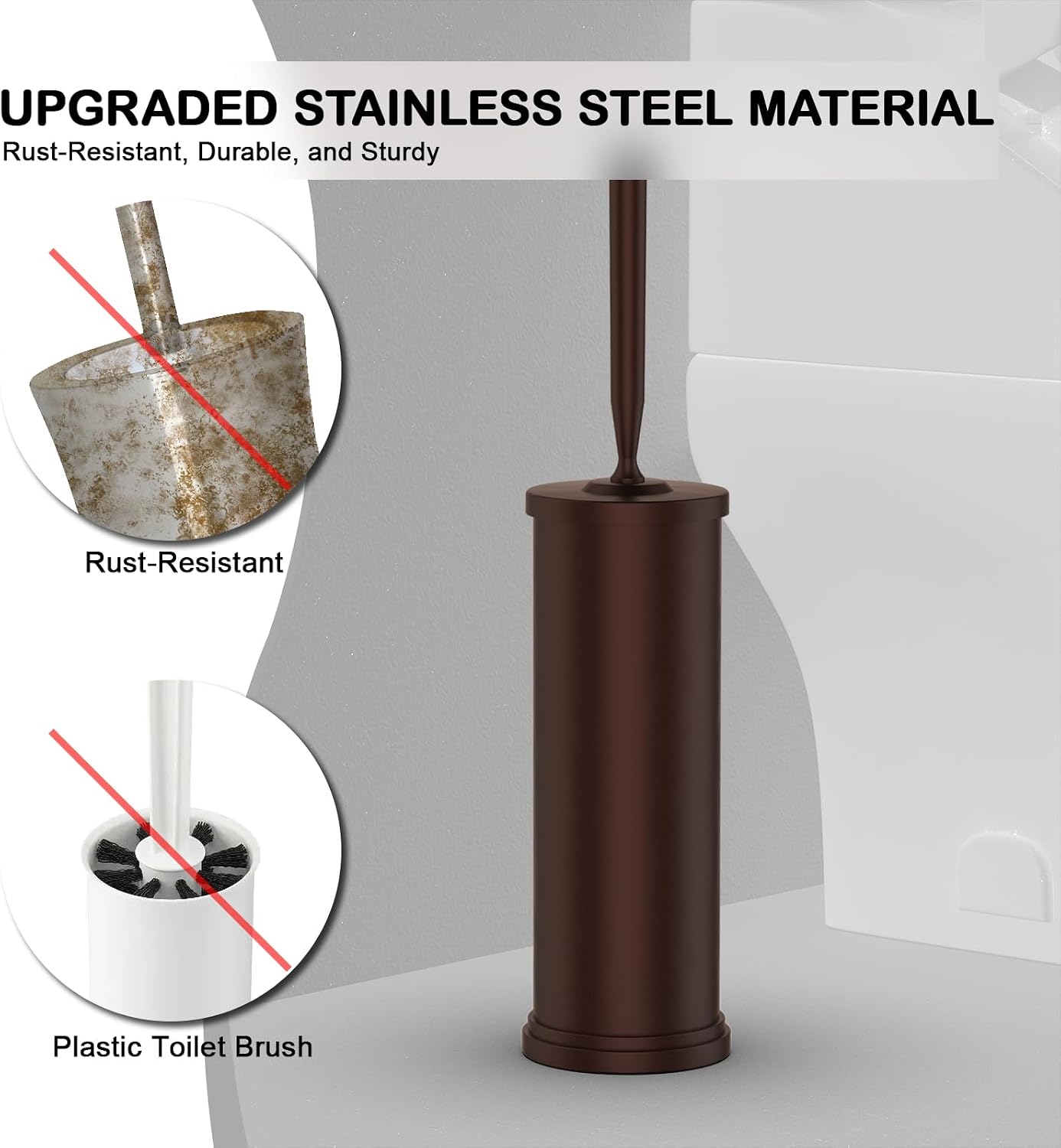 Stainless Steel Toilet Brush and Holder Set : Weighted Stable Base, Removable Inner Tube.Long Handle Toilet Bowl Brush Splash-Proof Design for Deep Cleaning & Space-Saving Storage,Nickel