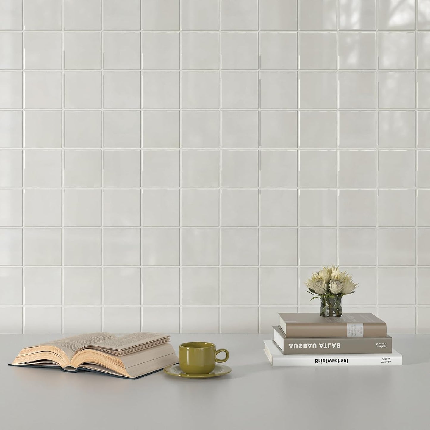 CHIHUT 6 Sheets 12"x12" Glossy Grey Concrete Checkered Peel and Stick Backsplash Tiles Waterproof Heat Resistant Self Adhesive Vinyl Wall Tiles for Kitchen Bathroom Laundry Room Renter Friendly Tiles