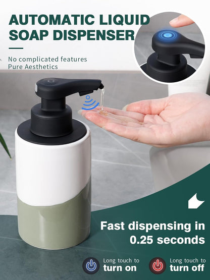 BosilunLife Automatic Soap Dispenser Ceramic Hand Free Soap Dispenser with Waterproof Pump Rechargeable Smart Electric Lotion Soap Dispenser Touchless (White-Green, Foam Pump)