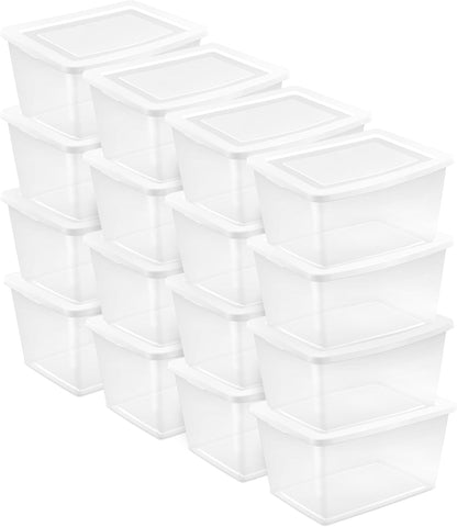 Sterilite 6 Pack Storage Box, 41 Quart Stackable Tote, Clear Plastic Container with Secure Snapping White Lids for Home and Office Organization