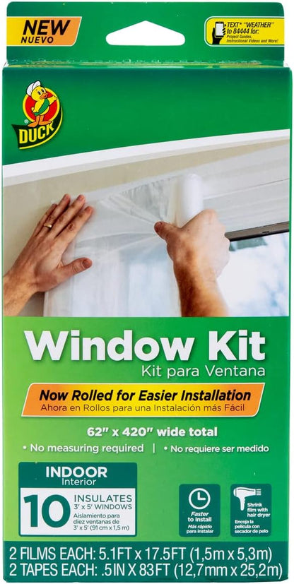 Duck Brand Winter Window Insulation Kit – Window Seal Rolled Shrink Film Covers Up to 15 3’ x 5’ Windows – Window Tape Included – Easy Indoor Installation - Clear - 15-Pack (288069)