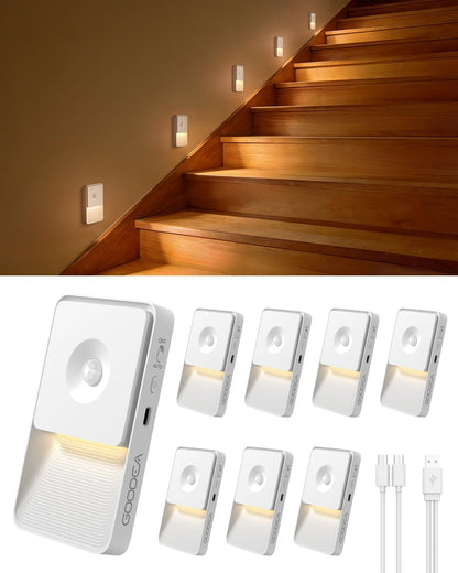 GOODEA Rechargeable Motion Sensor Night Lights for Stairs, Magnetic Stair Lights Indoor, Warm Dimmable Night Light for Hallway,Bathroom,Bedroom,Closet(4 Pack)