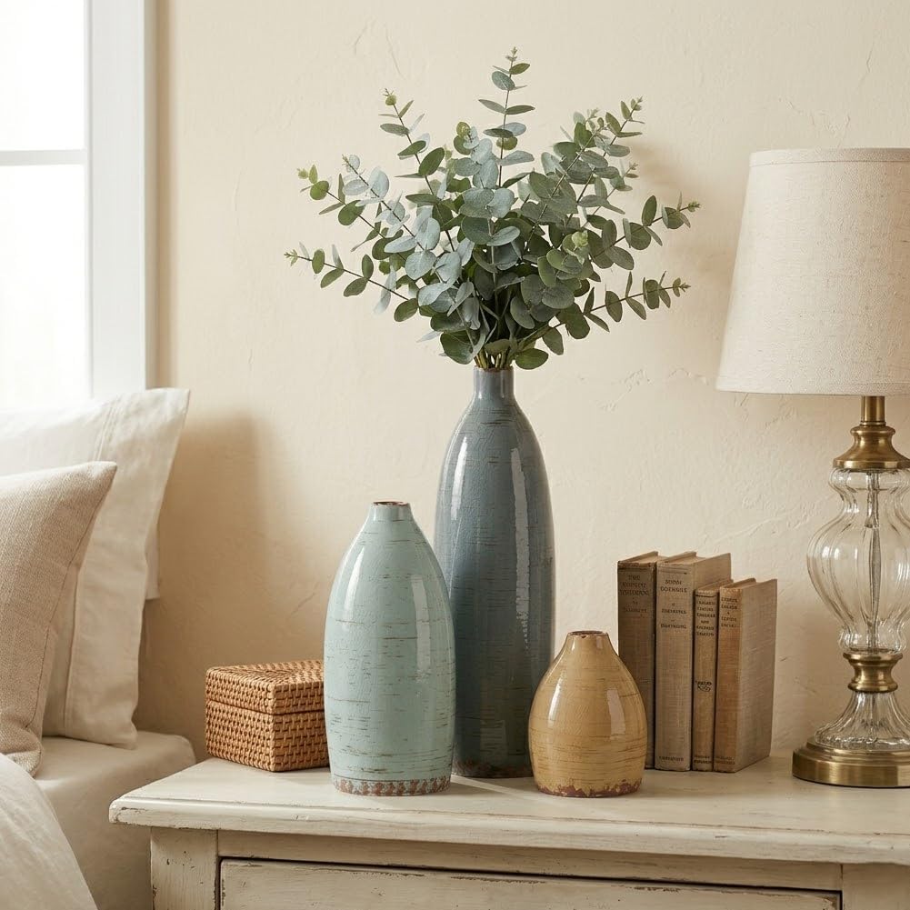 Ceramic Vase Set of 3, Neutral Vases Home Decor, Speckled White Distressed Pottery Rustic Farmhouse Decorative Vases, Small Vases for Table Mantel Entryway Bookshelf Living Room Kitchen Bedroom