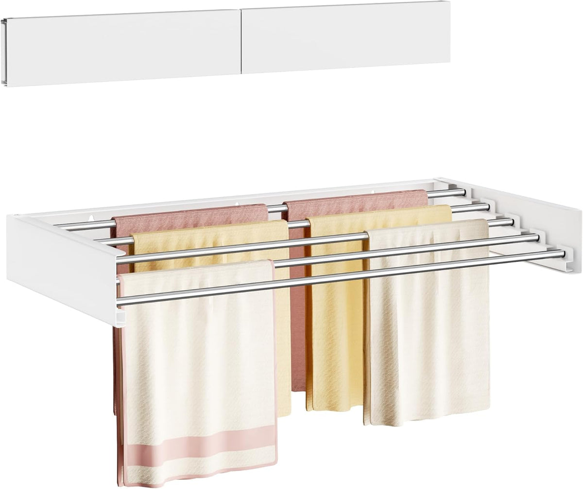Wall Mounted Clothes Drying Rack Folding Indoor, Foldable Laundry Drying Rack Collapsible,Invisible, Space Saving, Retractable Towel Drying Rack, with Wall Template(5 Drying Rods, White 32")
