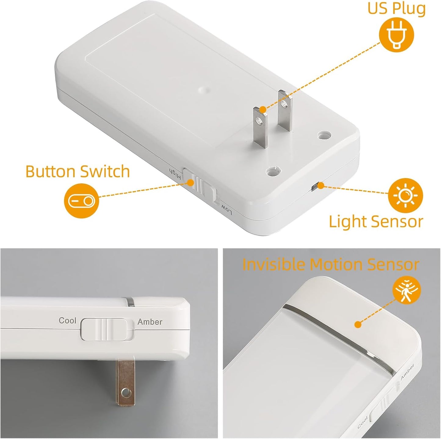 Dawnrise Night Lights Plug into Wall, Invisible Motion Sensor Night Light, Soft Warm or Cool White Selectable, Brightness Adjustable, LED Night Lights for Bedroom, Bathroom, Stairs, Hallway, 4 PK