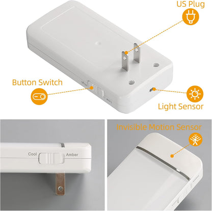 Dawnrise Night Lights Plug into Wall, Invisible Motion Sensor Night Light, Soft Warm or Cool White Selectable, Brightness Adjustable, LED Night Lights for Bedroom, Bathroom, Stairs, Hallway, 4 PK