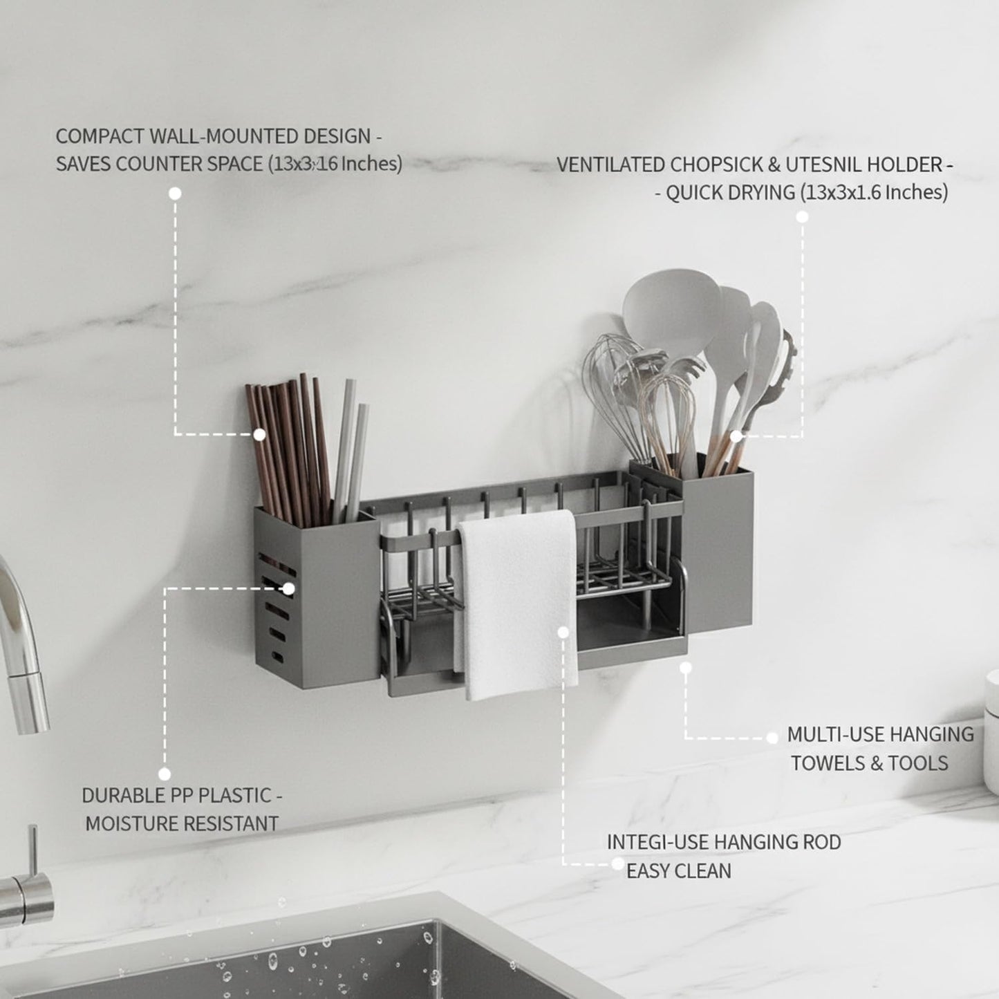 Wall-Mounted Storage Organizer for Kitchen Utensils, Compact Organizer with Chopstick Holder and Hanging Rod, PP Plastic, 13 x 3.3 x 1.6 Inches (1 PC)