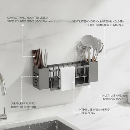 Wall-Mounted Storage Organizer for Kitchen Utensils, Compact Organizer with Chopstick Holder and Hanging Rod, PP Plastic, 13 x 3.3 x 1.6 Inches (1 PC)