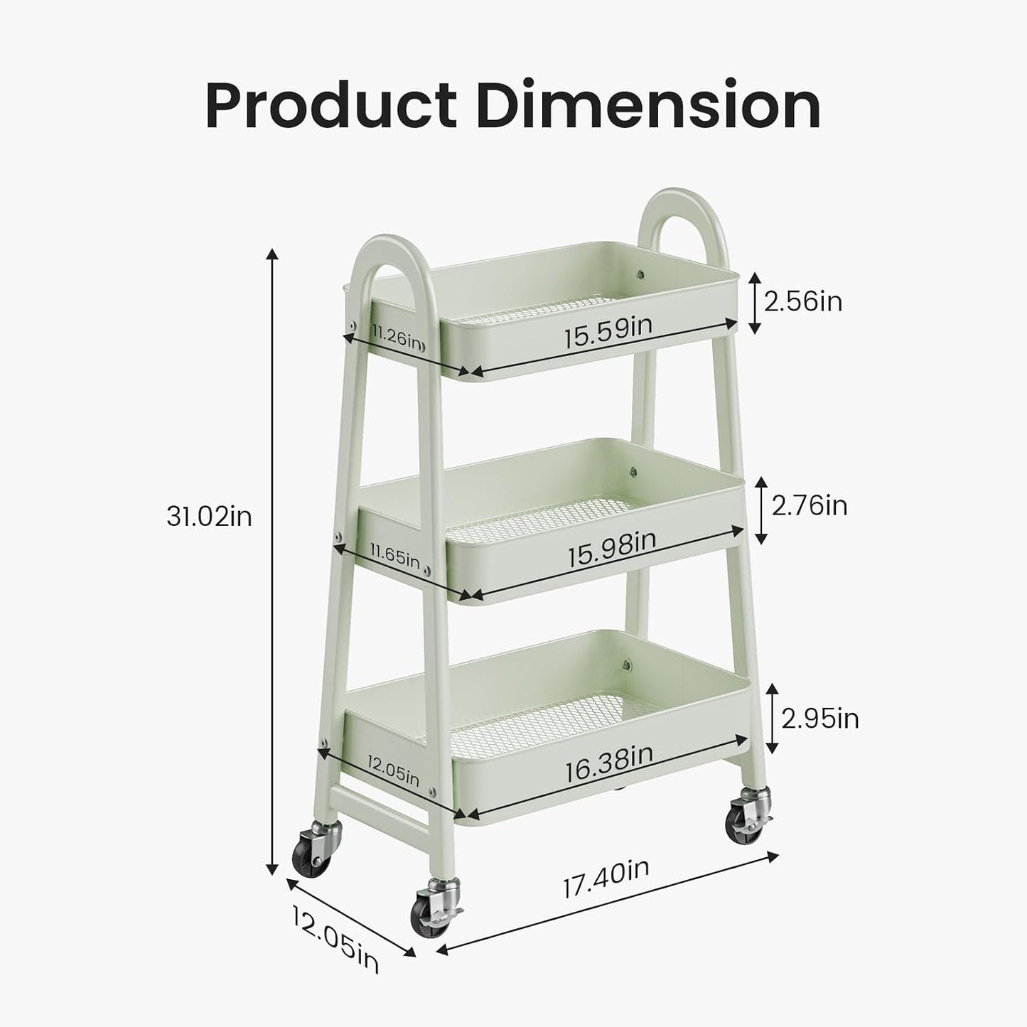 DUMOS 3 Tiers Rolling Cart, Utility Cart, Metal, White | Mobile Storage, Lockable Wheels, Utility Shelving Unit, Kitchen, Bathroom, Laundry, Narrow Places