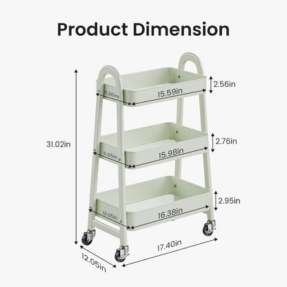 DUMOS 3 Tiers Rolling Cart, Utility Cart, Metal, White | Mobile Storage, Lockable Wheels, Utility Shelving Unit, Kitchen, Bathroom, Laundry, Narrow Places