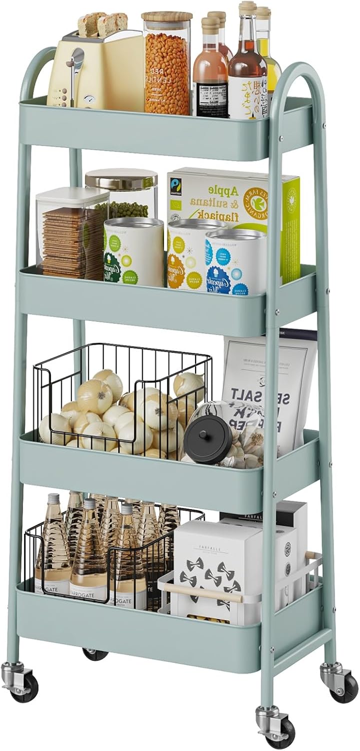 DUMOS 3 Tiers Rolling Cart, Utility Cart, Metal, White | Mobile Storage, Lockable Wheels, Utility Shelving Unit, Kitchen, Bathroom, Laundry, Narrow Places