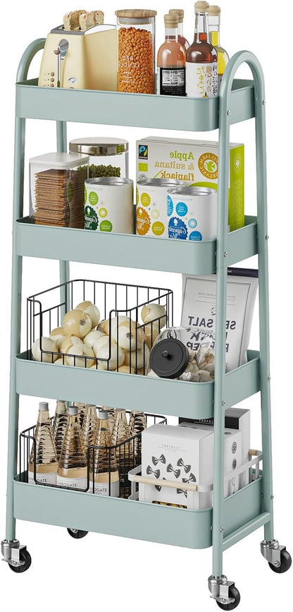 DUMOS 3 Tiers Rolling Cart, Utility Cart, Metal, White | Mobile Storage, Lockable Wheels, Utility Shelving Unit, Kitchen, Bathroom, Laundry, Narrow Places