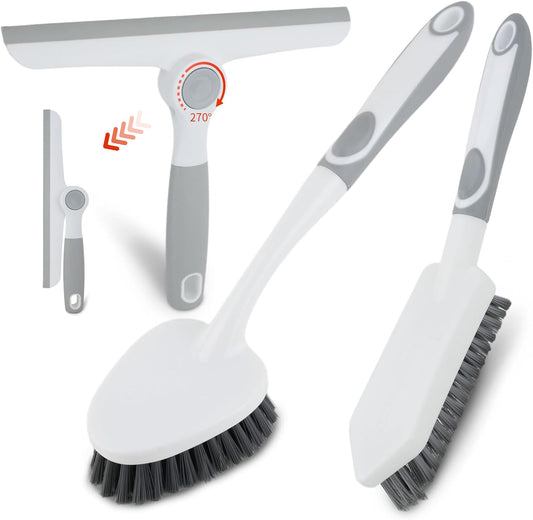 3 Pack Heavy-Duty Scrub Brush Set, Grout Brush, Shower Squeegee, Shower Cleaner Brush with Non-Slip Grip, Stiff Bristles Scrub Brushes for Cleaning Bathroom, Shower, Tile, Grout, Tub, Floor, Sink