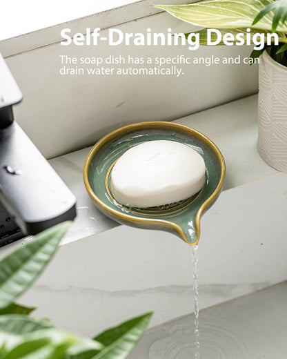 Self Draining Soap Dish, Ceramic Drain Soap Holder Waterfall Design Soap Saver for Shower, Bathroom, Sink, Kitchen and Countertop, Keeps Dry, Green