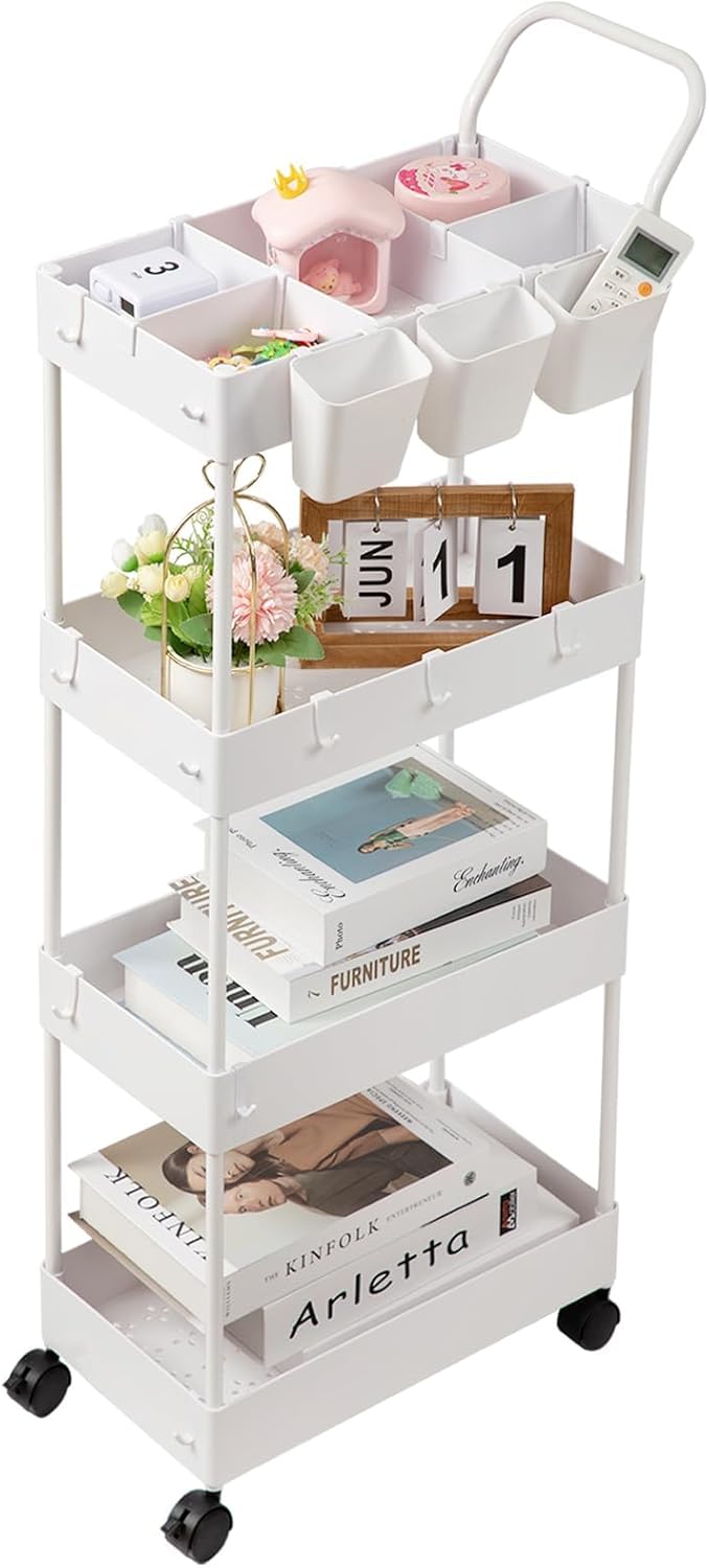 danpinera Storage Cart on Wheels, 3 Tier Slim Laundry with Wheels Bathroom Organizer with Hanging Cups Hooks Dividers Handle Mobile Rolling Art Cart for Bathroom Kitchen Narrow Places, White