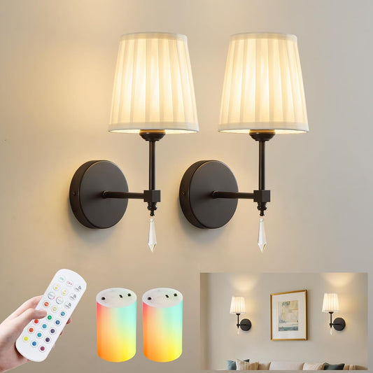 Battery Operated Wall Sconce Set of 2, 10000 Mah Rechargeable Wall Sconces Dimmable 12 RGBS,Remote Wireless Sconces,Gold Sconces Wall Decor Set of 2 Fabric,Cordless Wall Lamp for Bedroom,Living Room