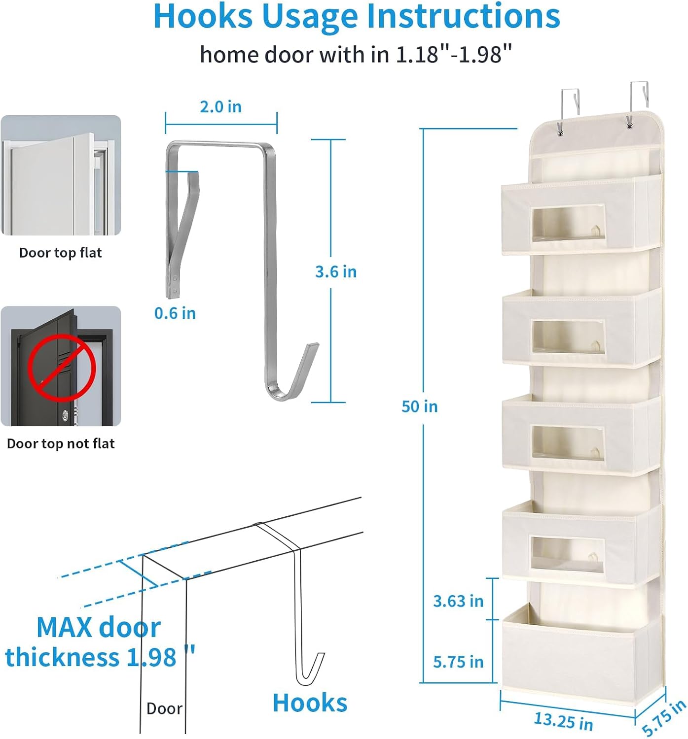 MAX Houser 4-Shelf Over The Door Hanging Organizer with 2 Metal Hooks, Gray | 4 Pocket Swing-proof Behind Door Organizers with Clear Windows for Bathroom Closet, Dorm