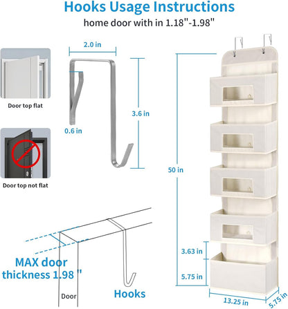 MAX Houser 4-Shelf Over The Door Hanging Organizer with 2 Metal Hooks, Gray | 4 Pocket Swing-proof Behind Door Organizers with Clear Windows for Bathroom Closet, Dorm