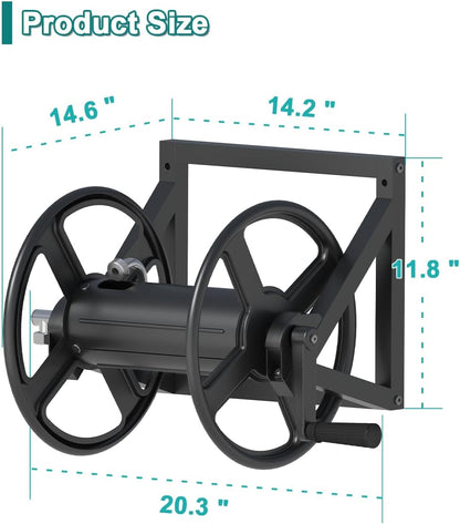 Artigarden Garden Hose Reel Wall Mounted, Outdoor Heavy Duty Powder Coated Metal Water Hoses Holder Winder Holds 125 ft 5/8" Hoses with 3.9ft Leader Hose, Stainless Steel Connector for Outside, Black