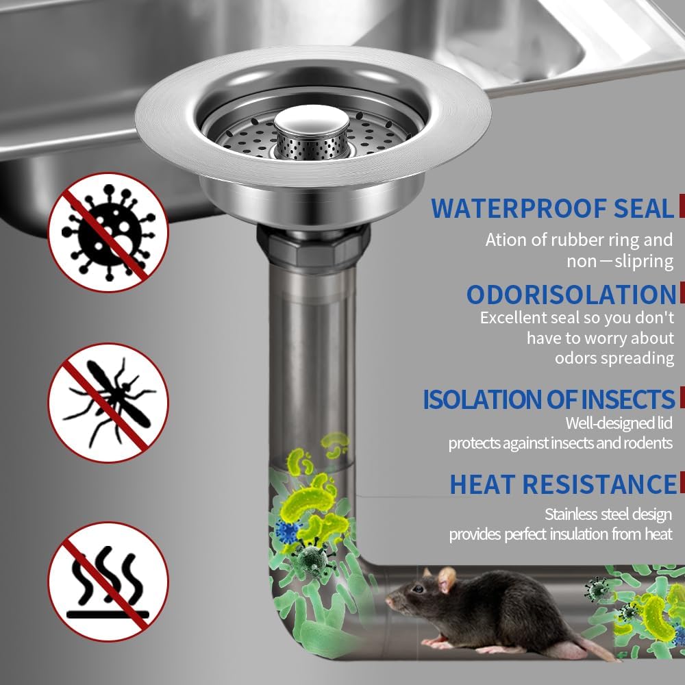 Sink Drain Strainer - Sink Stopper, 3-in-1 Kitchen Stainless Steel Drain Plug with Anti-Clog Basket, Pop-Up Cover