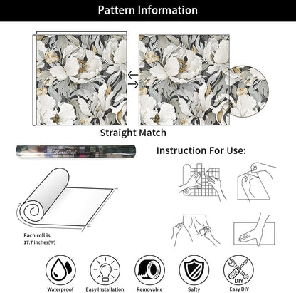 MuralPeel Dark Grey White Poppies Peony Floral Vintage Peel and Stick Wallpaper Self Adhesive Removable Easy Peel Off Stick on Wall Paper for Bedroom Cabinet Renter