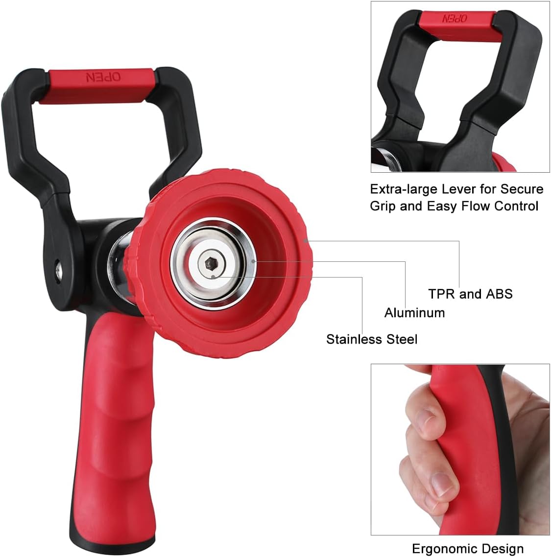 FANHAO Heavy Duty Fireman's Hose Nozzle, Metal Water Nozzle with 8 Spray Patterns, High Pressure Garden Hose Sprayer with Lever Control and Non-Slip Grip to Water Plants & Lawns, Wash Cars & Clean