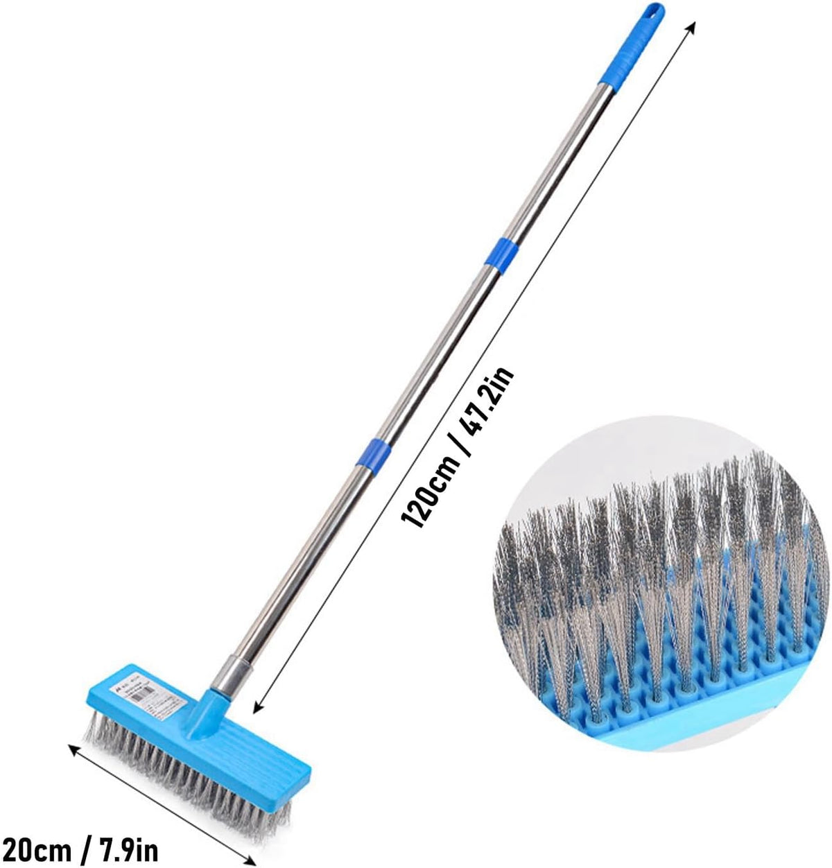 Heavy Duty Steel Wire Brush, Durable Floor Scrubber for Outdoor Cleaning, 30cm Telescopic Stainless Steel Handle, Suitable for Patios and Decks (120cm)
