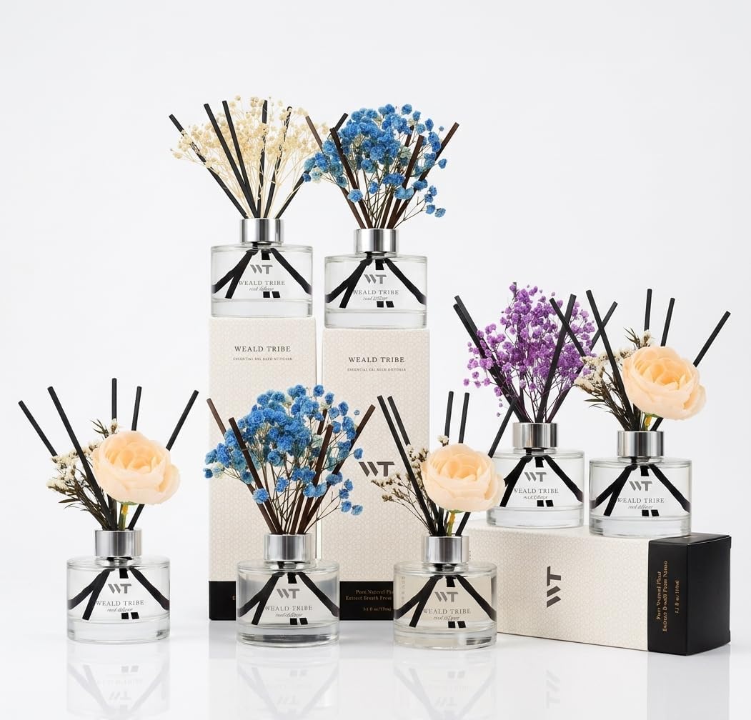 Flower Reed Diffuser Set Wild Eucalyptus Mint Scent for Bathroom Accessories Shelf Decor & Air Fresheners, Sticks Defusers with 5.1 fl oz Essential Oils & Leaves, House Bedroom Office Decor & Gifts