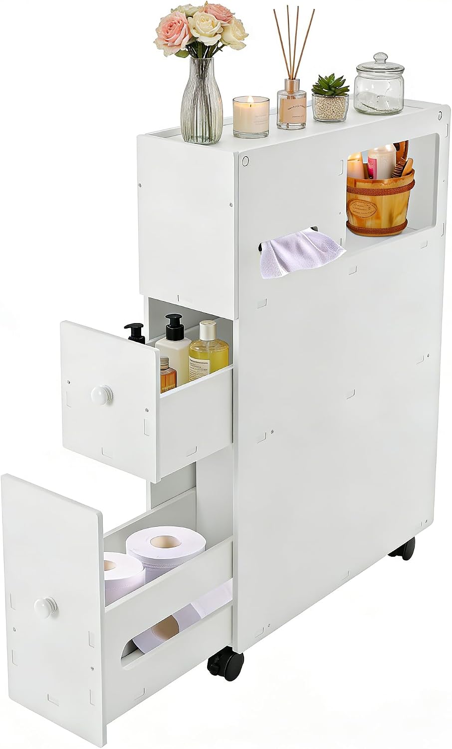 PERFERATE Slim Bathroom Storage Cabinet with Toilet Paper Holder - Narrow Slide Out Drawers Rolling Cart Organizer for Small Space for Bathroom Small Space, Toilet Corner Storage