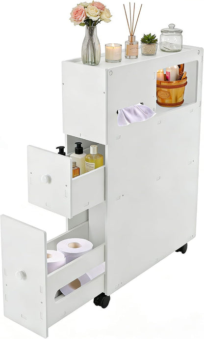 PERFERATE Slim Bathroom Storage Cabinet with Toilet Paper Holder - Narrow Slide Out Drawers Rolling Cart Organizer for Small Space for Bathroom Small Space, Toilet Corner Storage