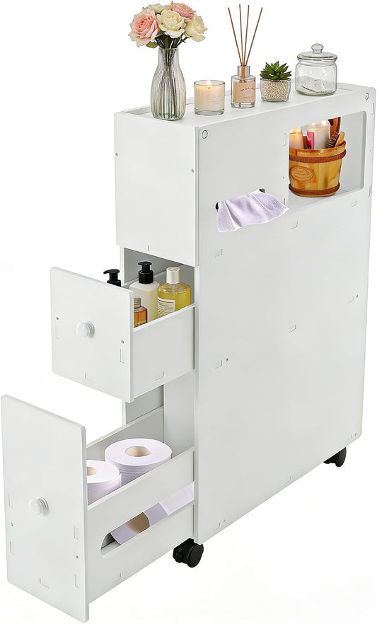 PERFERATE Slim Bathroom Storage Cabinet with Toilet Paper Holder - Narrow Slide Out Drawers Rolling Cart Organizer for Small Space for Bathroom Small Space, Toilet Corner Storage