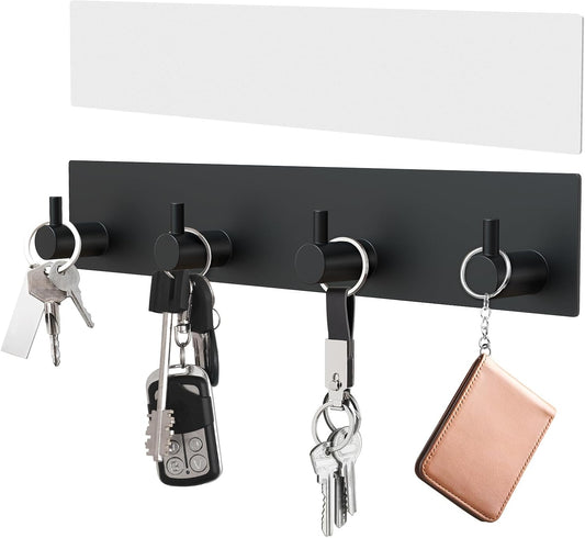 VIS'V Key Holder Wall Mount, Large Adhesive Key Hanger with 4 Hooks, Black | Metal Material, No Drilling, Extra Adhesive Strip, Suitable for Entryway, Hallway, Doorway, Kitchen, Garage, Camper