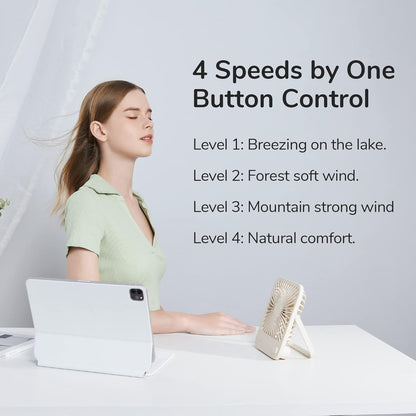 JISULIFE Desk Fan Battery Rechargeable, 4500mAh 180°Foldable Portable Personal Fan, 4 Speeds Adjustable Long Battery-life for Home Office Travel Outdoor Gifts for Women Men-White